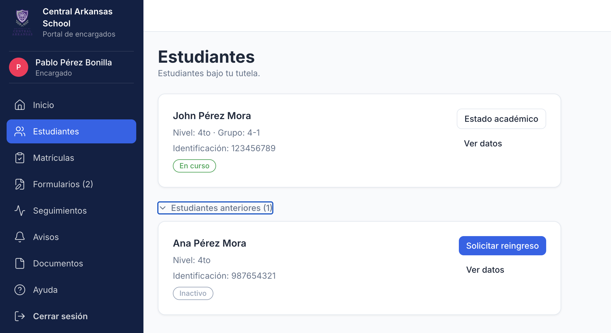 Listado de estudiantes en Luminus Edu